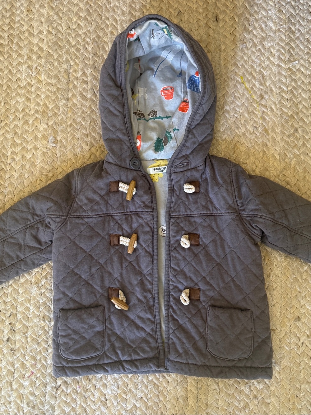 Baby Boden Gray Quilted Hooded Pea Coat with Toggle Closures